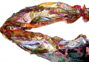 @ 12 yards Unstitched Recycled PURE Silk Sari Ribbon Yarn tassels SKEINS MULTI - Picture 1 of 4