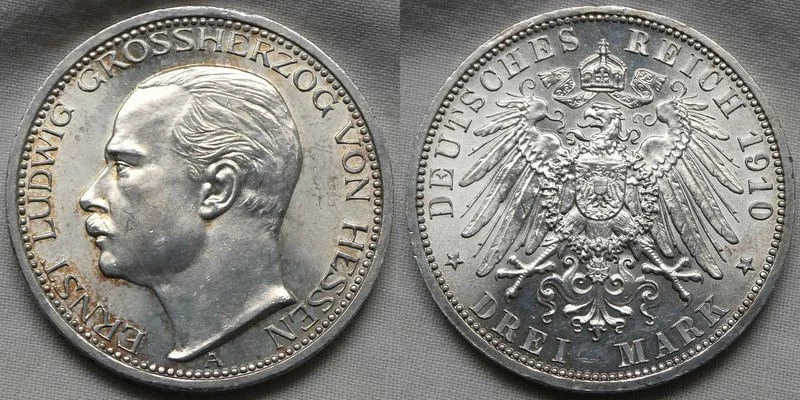 Hessen 3 Mark 1910 Ernst Ludwig in f. ST !! Schöner Prägeglanz !! - Bild 1 von 1