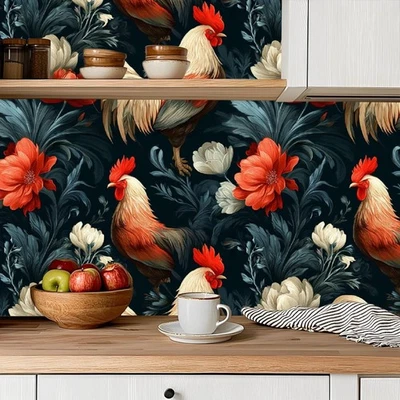 Rooster Peel and Stick Wallpaper 17.3"X118"  Vintage Contact Paper Kitchen Decor - Image 1 of 4
