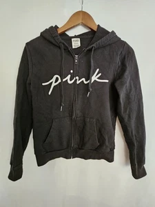Victorias Secret PINK Hoodie Womens Size Small Logo Zip Up Black - Picture 1 of 6