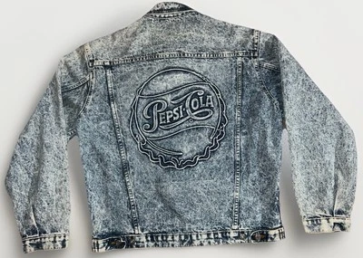 Vtg Made In USA Pepsi Cola Denim Jacket Acid Washed Embossed Logo Mens Large 80s - Image 1 of 4