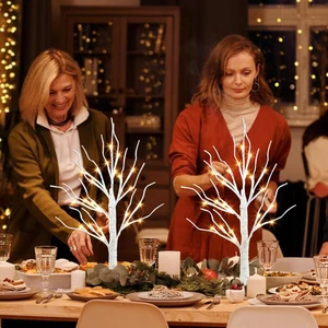 Christmas Tree Decor Indoor with Led Lights, White, 2 FT Birch Tree/Timer (2PK)  - Picture 1 of 12