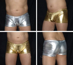 N103 Hot Mens Boxer Brief Shiny Metallic Trunks Low Rise Black Pleather - Picture 1 of 5