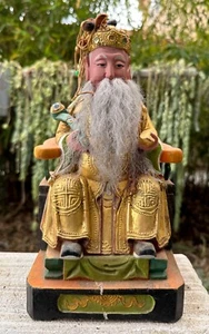 Antique 19th Century Chinese Temple God of Wealth Carved Gilt Wood Buddha Statue - Picture 1 of 24