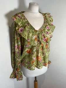 BNNT Anthropologie floral smock blouse top XS NEW ruffle green pattern print - Picture 1 of 9