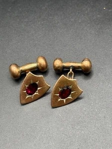 Antique 9ct Rose Gold Garnet Cufflinks – Shield Design, Classic Elegance - Picture 1 of 7