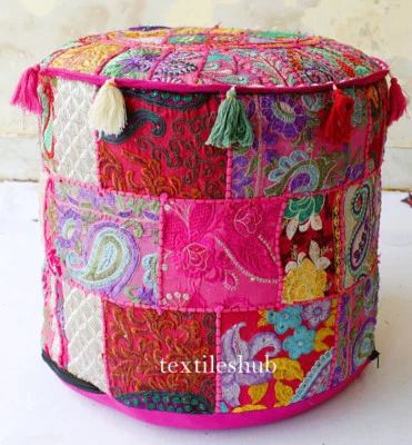 Indian Handmade Bohemian Pouf Ottoman Stool Floor Pillow Chair Pouffe Pouf Pink" - Image 1 of 3