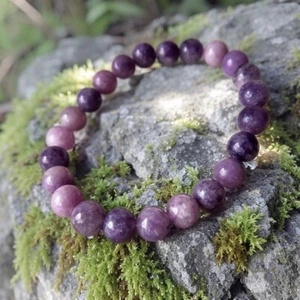 Bracciale con perle originali Lepidolite 8 mm cristallo viola pietre preziose braccialetto elastico - Foto 1 di 8