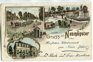Litho AK Neumünster,Bahnhof Hotel,Mühle,Teich 1898 - Picture 1 of 2