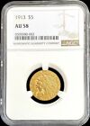 1913 GOLD US $5 DOLLAR INDIAN HEAD HALF EAGLE NGC ABOUT UNCIRCULATED 58