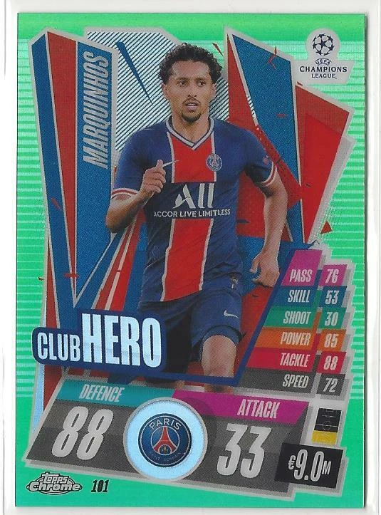 2020-21 Topps Chrome Match Attax Marquinhos Green Refractor /99 PSG Paris - Image 1 of 1