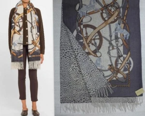 NWT LA FLORENTINA 26 x 78 Equestrian/Animal-Print 100% Cashmere Fringe Wrap - Picture 1 of 13