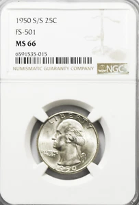 1950 S/S 25c Washington Silver Quarter Dollar NGC MS66 FS-501 Top Pop - Picture 1 of 4