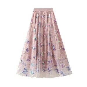 Damen Pailletten Schmetterling Netz Chiffon Rock Frühling A-Linie Midi Fairy - Bild 1 von 19