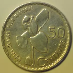 mw25934 Guatemala; Silver 50 Centavos 1963 Whitenun Orchid KM#264 Low Mintage - Picture 1 of 2