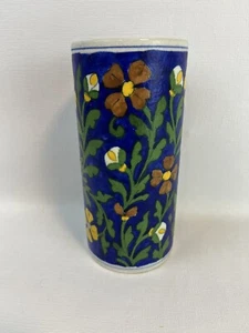 Ceramic Pottery Vase 7 1/4” Tall Blue Green Floral Flowers Marked India - Picture 1 of 7