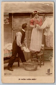 Postcard Tinted Studio RPPC French Romance Laundry I Want To Help You A40 - Picture 1 of 2