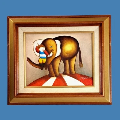 Pintura al óleo firmada por Joyce Roybal sobre lienzo niño en elefante circo tienda enmarcada Foto 1 de 4