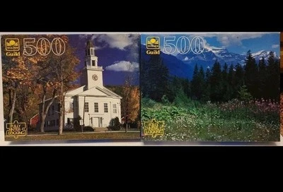 2 Golden Guild NEW 500 Piece Puzzles Autumn Church Mt Robson Canada VTG 15x18 in - Image 1 of 4