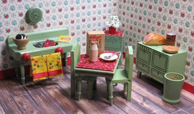 Vintage Strombecker & Playtown 1934 Green Kitchen Set, Wood Dollhouse Furniture - Image 1 of 4