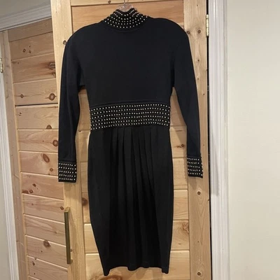 Vintage Ann Tjian for KENAR Elegant Black Long-Sleeve Studded Dress - Image 1 of 4