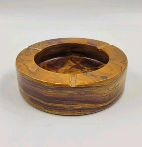 Natural Onyx Stone Vintage Cigarette Ashtray Chunky Round 5" 3 Slots Retro Brown - Picture 1 of 13