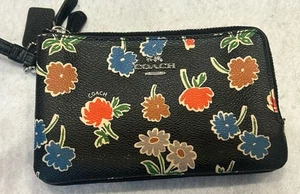 Coach schwarze Lederbrieftasche mit blauem und rotem Blumendruck 6,25"x4" 2 Fächer - Bild 1 von 6