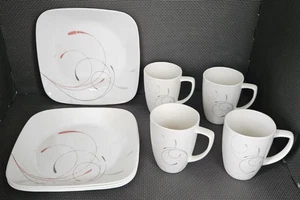8 Corning Corelle Splendor 4 Square Luncheon Plates 4 Mugs White Red Gray FRESHP - Picture 1 of 19