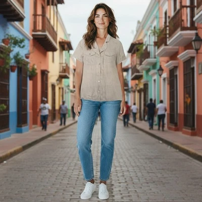 Blusa Whitham & Whyte Irlandesa Lino Beige Camisa Abulón Botones Grande Foto 1 de 4