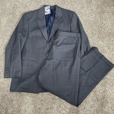 Ralph Lauren Wool Suit Mens 40 R Jacket 34x30 Pants Blue Check Print Vtg Canada  - Image 1 of 4