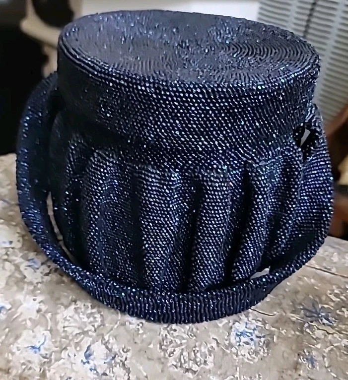 Antique Purse Beaded Box Cobalt Blue Black Carnival Tiny Beads Strap Handle 1920 - Image 1 of 4