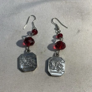USC Gamecocks Dangle Earrings Red Beads Silver Logo Charm Hook Style - Picture 1 of 4