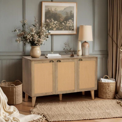 Rattan Storage Cabinet Boho Vibe Console Table Sideboard Buffet Cabinet w/3 Door - Image 1 of 4