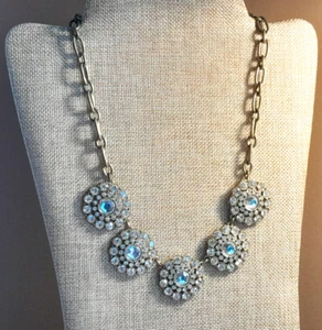 J Crew Signed Glass Flower Crystals Cluster Chunky Brass Tone 18" Bib Necklace - Picture 1 of 9