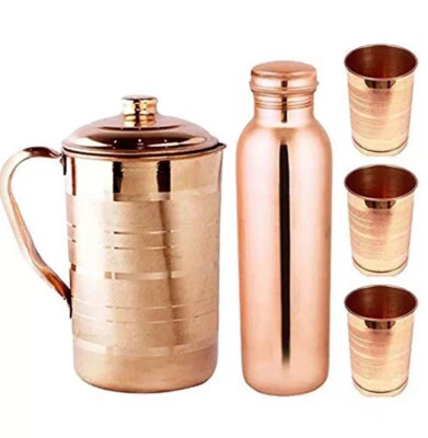 Pure Copper Water Pitcher Jug 2 Litre Water Bottle Flasks Tumber Glass Set Of 5 - Image 1 of 4