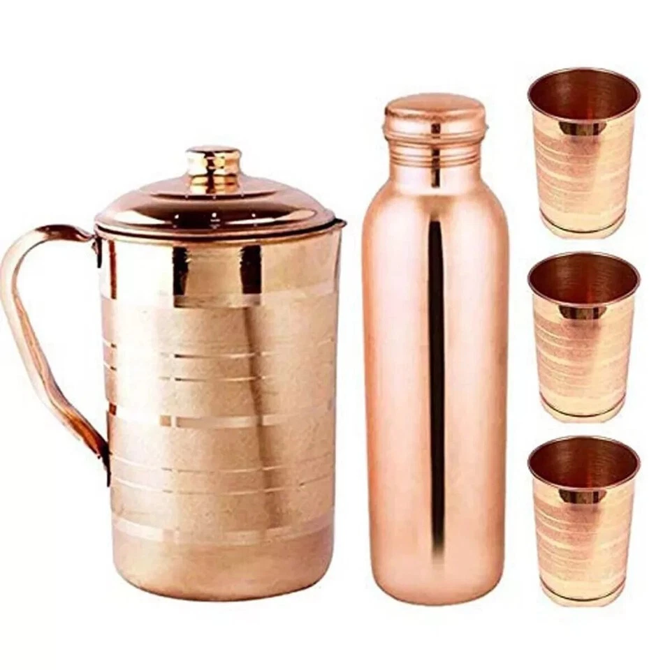 Pure Copper Water Pitcher Jug 2 Litre Water Bottle Flasks Tumber Glass Set Of 5 - Image 1 of 4