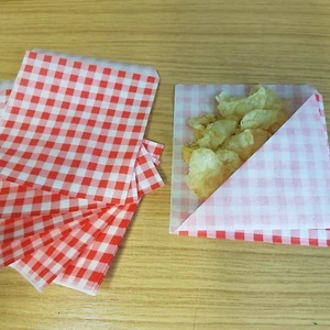 Fettfeste Papiertüten rot Gingham Druck offen auf 2 Seiten, Chips, Süßigkeiten, kostenloser Versand - Bild 1 von 2