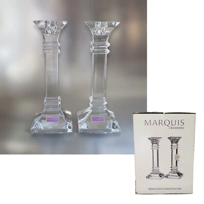 Marquis by Waterford Treviso Lead Crystal 8-Inch Candlestick Pair NEW - Image 1 of 4
