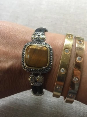 NEW "Look of Fine" Designer Inspired Rubber Bracelet CZ Tigers Eye Cable Detail - Image 1 of 4