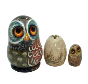 Owl with Egg Nesting Doll, Hand made Matryoshka Doll 3pcs 9 cm/3,5'' - Picture 1 of 6