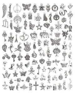 100 PCs Silver Charms for Jewelry Making Mixed Lot Pendants Bracelet Necklace - Picture 1 of 7