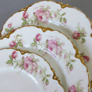 3 Antique HAVILAND Porcelain 9" Plates PINK ROSES w Enamel Accents Schleiger 257