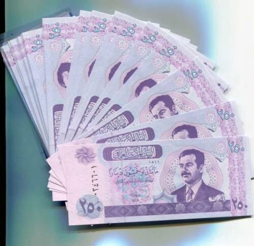 Saddam Hussein Irak Billete Iraquí 250 Dinar P88 2002 x 25 UNC Billete 1/4 Paquete Foto 1 de 2