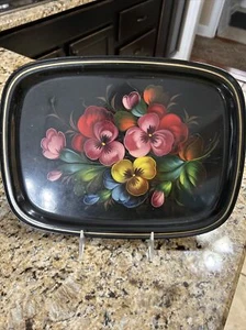USSR Russian Metal Tray Black Floral Hand painted Flowers  Vintage Signed - Picture 1 of 5