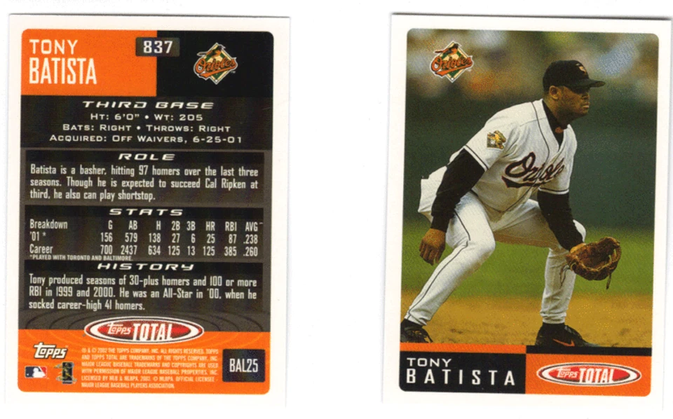 TONY BATISTA 10 CARD LOT 2002 TOPPS TOTAL # 837 ORIOLES - Image 1 of 1