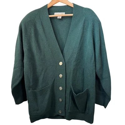 Casual Corner Lambswool Green Cardigan Sweater Size Large Shoulder Pads Pockets - Image 1 of 4