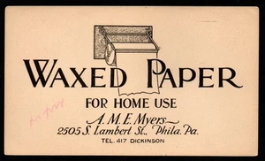 VINTAGE WAXED PAPER AD- A. M. E. MYERS PHILADELPHIA, PA. 1 CENT POST CARD - Picture 1 of 2