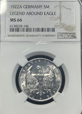 NGC MS66 Germany 1922A Eagle 3 Mark Super GEM BU Scarce- Large Coin High Grade - Image 1 of 4