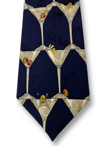 Nicole Miller Mens Silk Tie Martini Glasses Up Twist Olives Blue Vintage 1992 - Picture 1 of 10