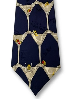 Nicole Miller Mens Silk Tie Martini Glasses Up Twist Olives Blue Vintage 1992 - Image 1 of 4